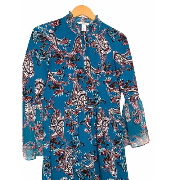 White House Black Market Blue Paisley Mock Neck With Tie Dress Size Small - Picture 3 of 11